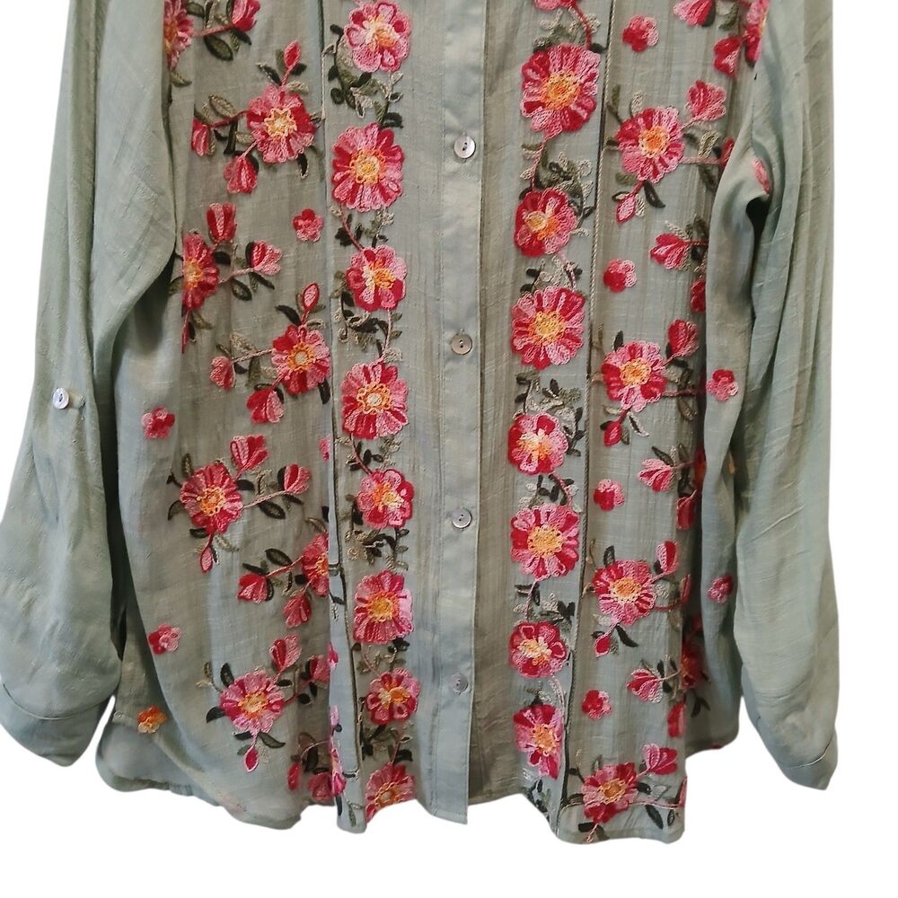 Figueroa & Flower Tunic Blouse Shirt Large Green Floral Embroidered Button Boho - Picture 3 of 14